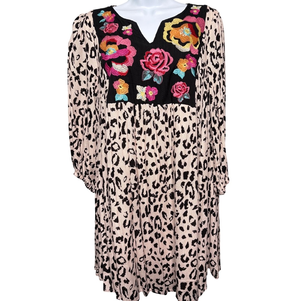 SAVANNA JANE Womens Pink Floral Embroidered Leopard Dress S Boho Art to Wear